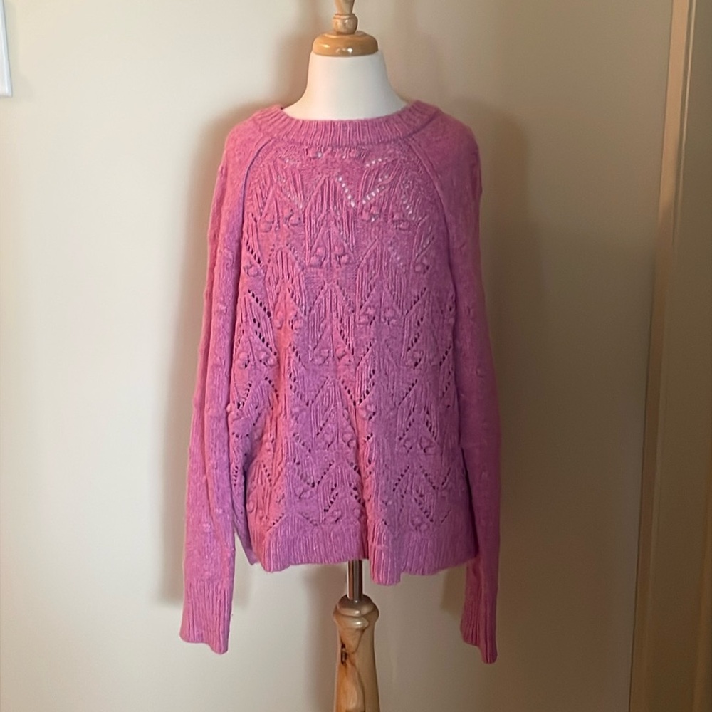 EUC~Women’s Large Pink Sonoma Long Sleeve Crew Neck Pom Pom Detailed Sweater